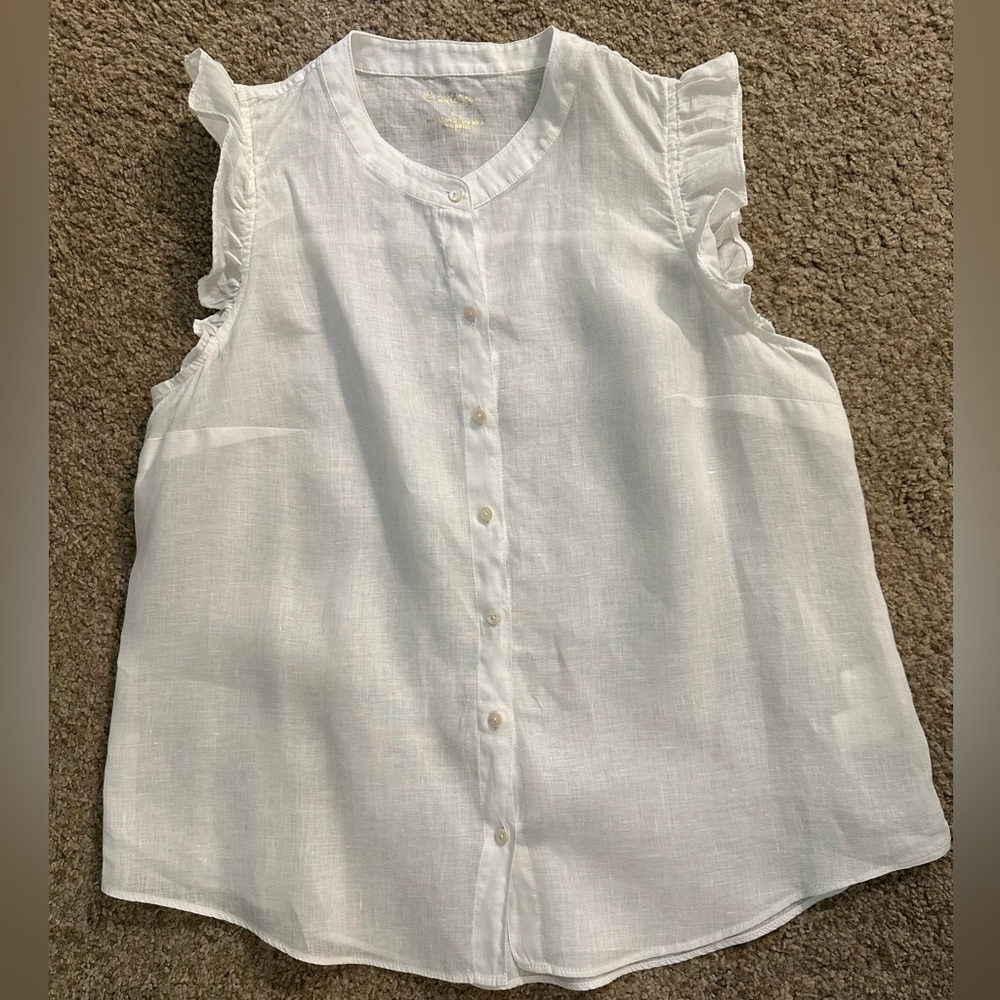 Lilly Pulitzer seacoast linen sleeveless ruffle button down top women’s size L